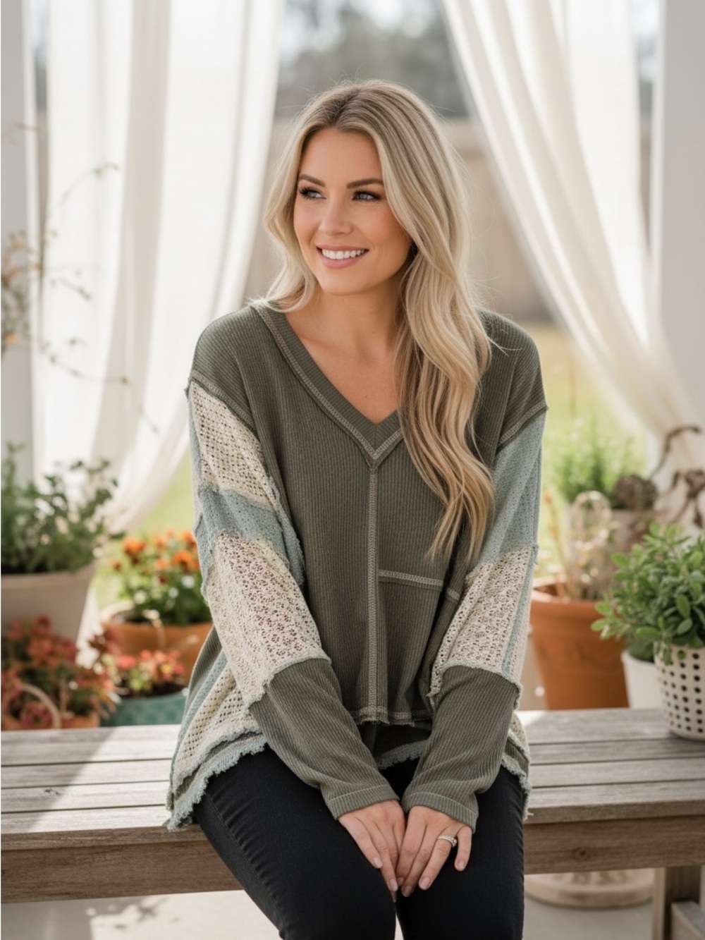 POL NEW Patchwork Oversize Knit V-Neck Top